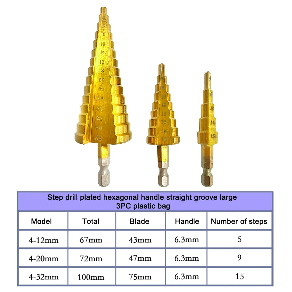 Step Drill Titanium Plated Hexagonal Shank Straight Groove 3-12/4-12/4-20/4-32mm Pagoda Drill Drilling Tool Accessory Set