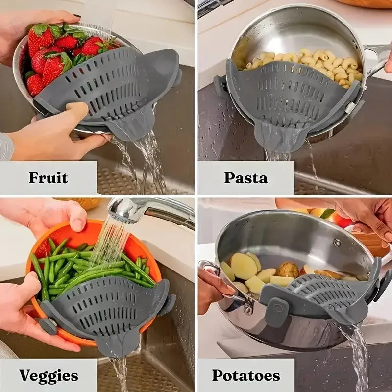 Universal Silicone Clip on Pan Pot Strainer Anti Spill Pasta Pot Strainer Food Grade Fruit Colander for Pasta Fruit Vegetable