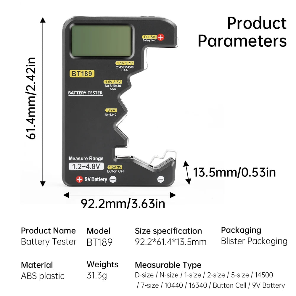 BT189 Ultra-small Battery Tester 9V AAAAA Button Cell Universal Household LCD Digital Display Battery Tester Power Bank Detector