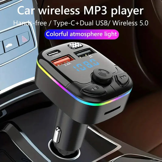 1pc Bluetooth 5.0 Car FM Transmitter PD Type-C Dual USB Ambient Player MP3 Charger Type-C Wireless Light 18W Handsfree PD QC3.0