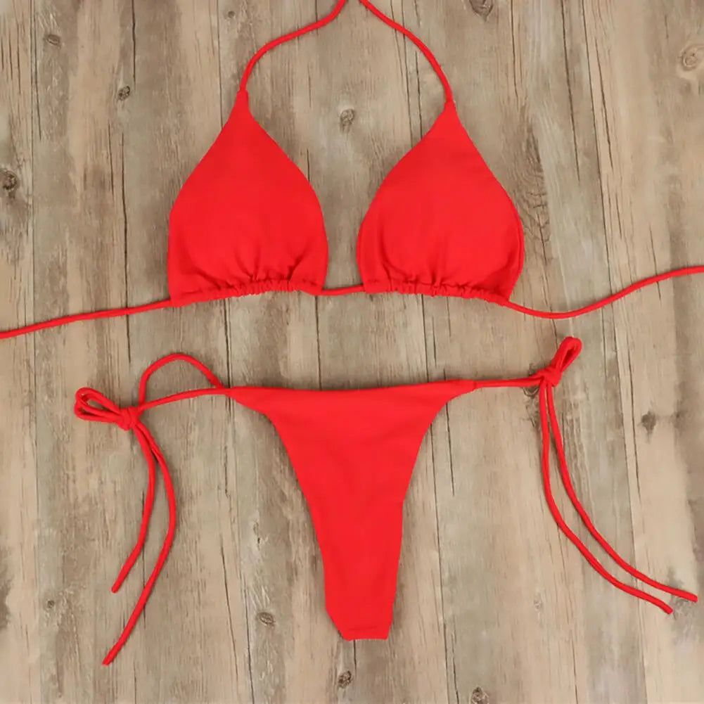 2 Pcs/Set Women Swimsuit 2024 Bikini Set Solid Color Halter Neck Strap Thong Women Swimsuit Set for Beach