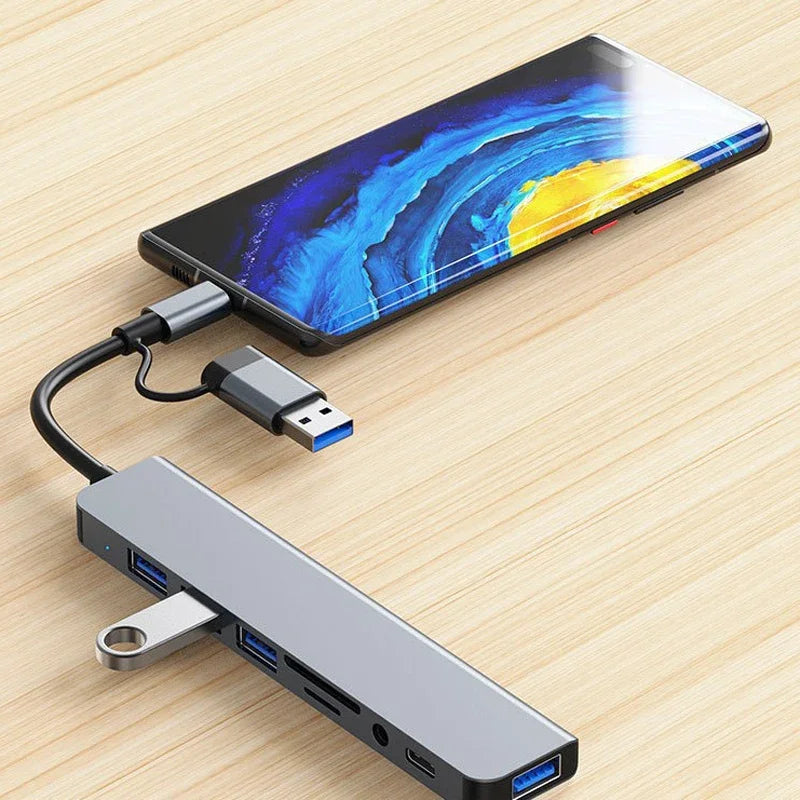 8 in 2 USB  Type C HUB Docking Station with 3.5mm Audio Jack Adapter Micro SD Card Reader Laptop Tablet Phone Disk Converter