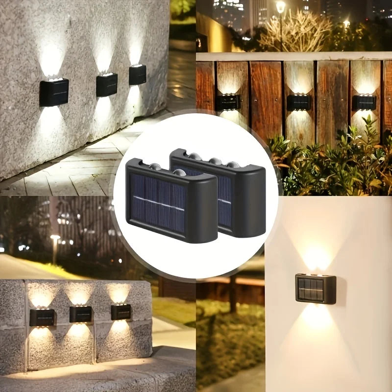 1-pack 6/8/10 LEDs solar upper and lower luminous convex mirror wall lamp, courtyard wall decoration atmosphere guide lamp