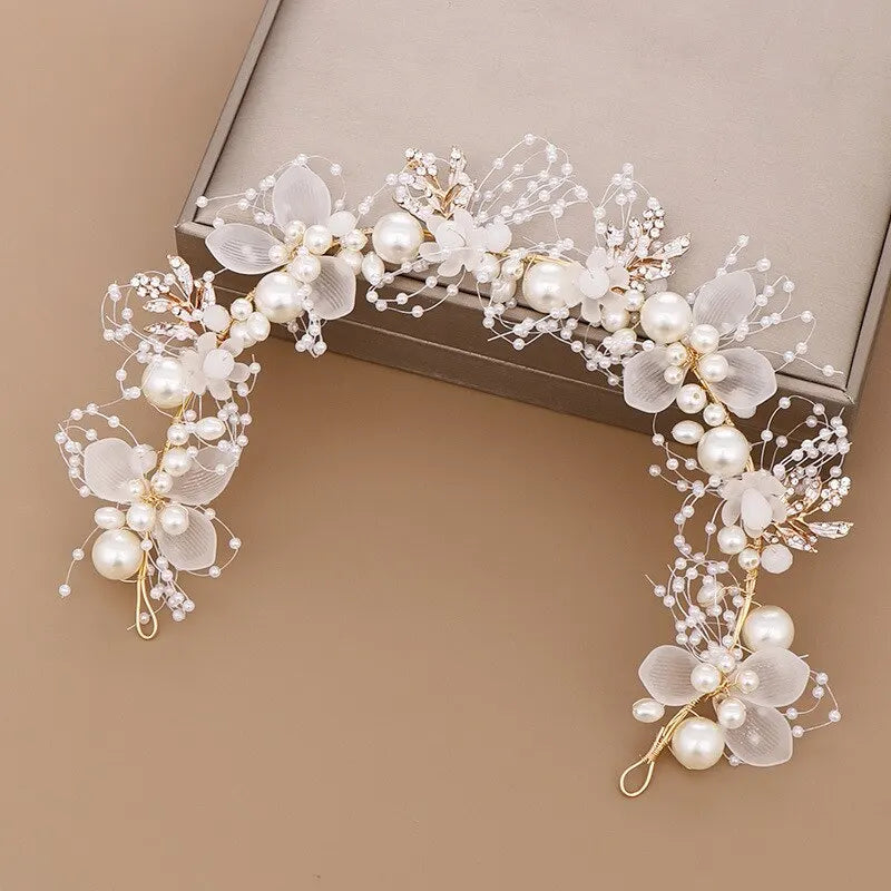 Wedding Accessory Bride Crown Hair Crystal Jewelry Tiara With Pearls Flowers Wedding Crown Floral Pearl Bridal Headband