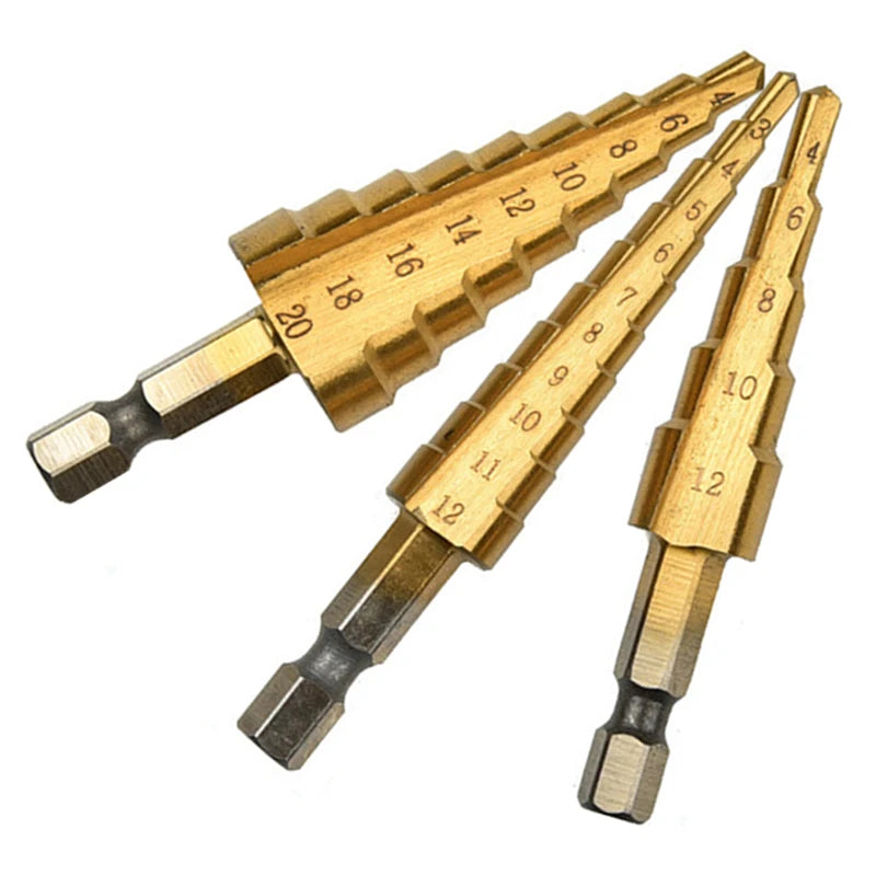 Step Drill Titanium Plated Hexagonal Shank Straight Groove 3-12/4-12/4-20/4-32mm Pagoda Drill Drilling Tool Accessory Set