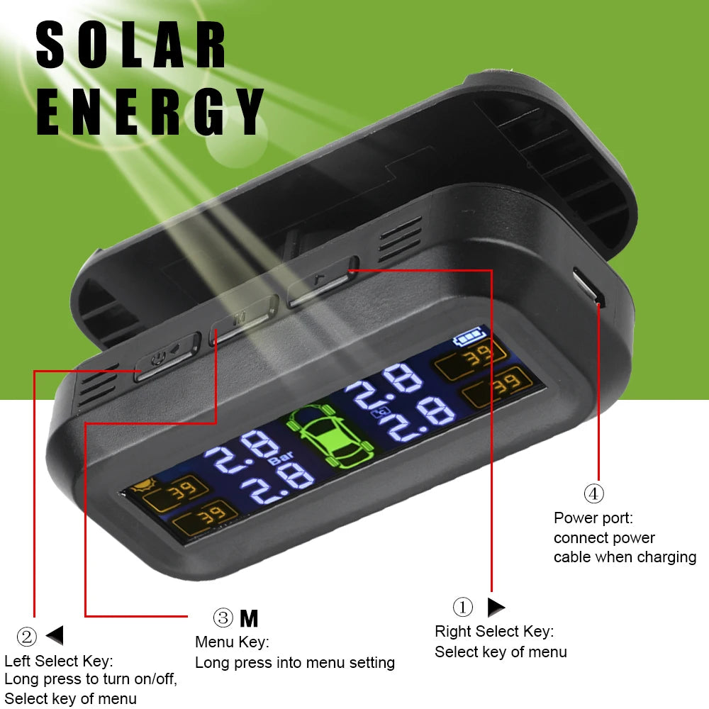 Tire Pressure Monitoring System With 4 External Sensors Temperature Warning Digital Manomet Car Tyre Pressure Monitor Solar TPMS