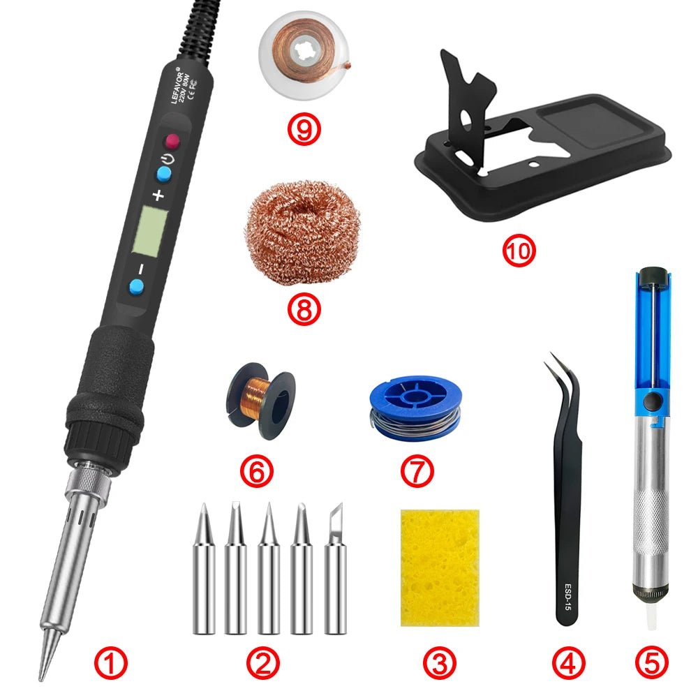 Digital Soldering Iron Set Kit 80W with ON/OFF Switch Adjustable Temperature LCD Welding Tools Ceramic Heater Soldering Tips