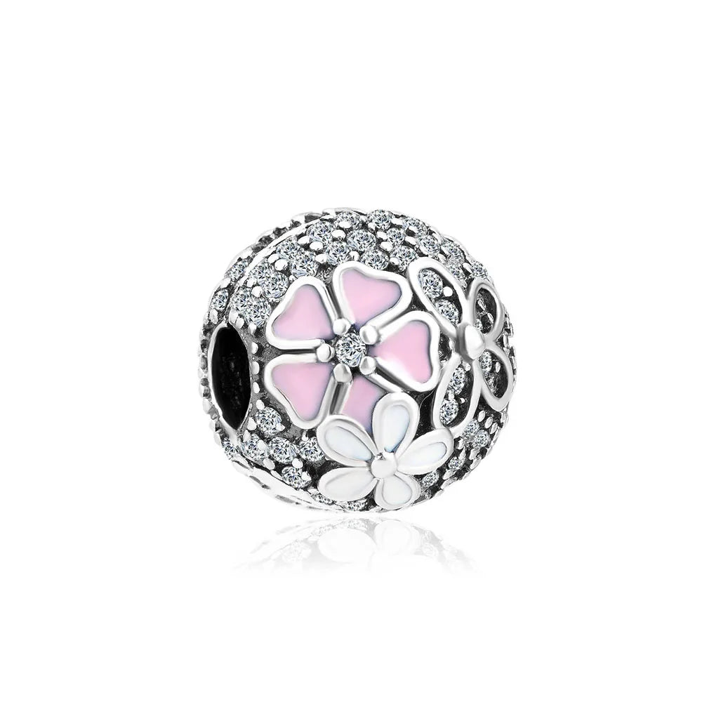 New 2023 Fashion Pink Pansy Flower Pendant Bead 925 Sterling Silver Plated Fit Necklace Keychain Charm DIY Jewelry Bracelet