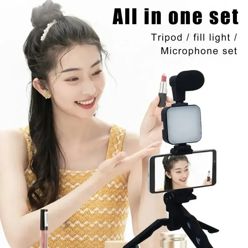 Clearance_Smartphone Vlogging Kit With Tripod Phone Holder Mini Microphone LED Fill Light Starter For TikTok Live Stream Video Y